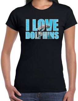 Bellatio Decorations Tekst shirt I love dolphins met dieren foto van een dolfijn zwart voor dames - cadeau t-shirt dolfijnen liefhebber 2XL