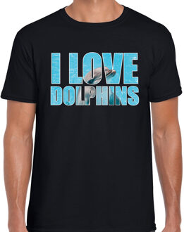 Bellatio Decorations Tekst shirt I love dolphins met dieren foto van een dolfijn zwart voor heren - cadeau t-shirt dolfijnen liefhebber 2XL