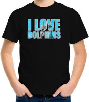 Bellatio Decorations Tekst shirt I love dolphins met dieren foto van een dolfijn zwart voor kinderen - cadeau t-shirt dolfijnen liefhebber - kinderkleding / kleding L (146-152)