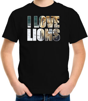 Bellatio Decorations Tekst shirt I love lions met dieren foto van een leeuw zwart voor kinderen - cadeau t-shirt leeuwen liefhebber - kinderkleding / kleding L (146-152)