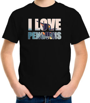 Bellatio Decorations Tekst shirt I love penguins met dieren foto van een pinguin zwart voor kinderen - cadeau t-shirt pinguins liefhebber - kinderkleding / kleding L (146-152)