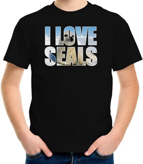 Bellatio Decorations Tekst shirt I love seals met dieren foto van een zeehond zwart voor kinderen - cadeau t-shirt zeehonden liefhebber - kinderkleding / kleding L (146-152)