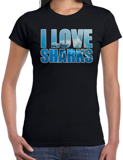 Bellatio Decorations Tekst shirt I love sharks met dieren foto van een haai zwart voor dames - cadeau t-shirt haaien liefhebber 2XL