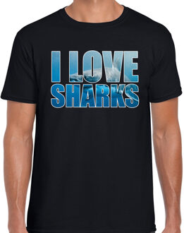 Bellatio Decorations Tekst shirt I love sharks met dieren foto van een haai zwart voor heren - cadeau t-shirt haaien liefhebber 2XL