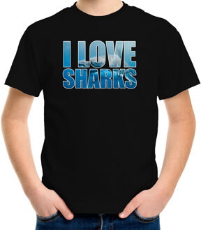 Bellatio Decorations Tekst shirt I love sharks met dieren foto van een haai zwart voor kinderen - cadeau t-shirt haaien liefhebber - kinderkleding / kleding L (146-152)