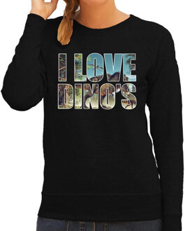 Bellatio Decorations Tekst sweater I love dinosaurs met dieren foto van een dino zwart voor dames - cadeau trui T-Rex dinosauriers liefhebber 2XL