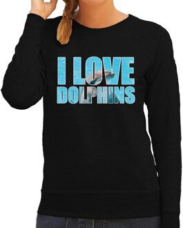 Bellatio Decorations Tekst sweater I love dolphins met dieren foto van een dolfijn zwart voor dames