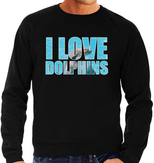 Bellatio Decorations Tekst sweater I love dolphins met dieren foto van een dolfijn zwart voor heren - cadeau trui dolfijnen liefhebber S