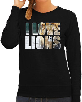 Bellatio Decorations Tekst sweater I love lions met dieren foto van een leeuw zwart voor dames - cadeau trui leeuwen liefhebber 2XL