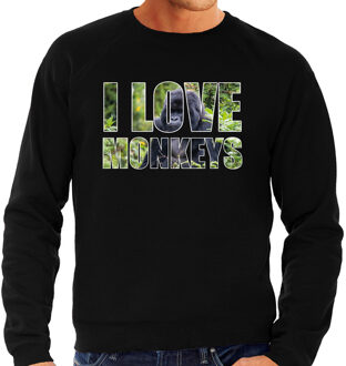 Bellatio Decorations Tekst sweater I love monkeys met dieren foto van een gorilla aap zwart voor heren - cadeau trui apen liefhebber 2XL