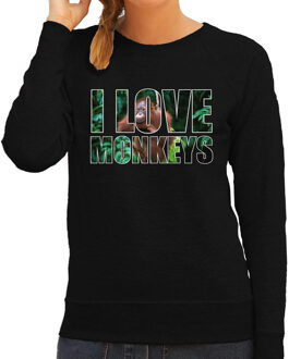 Bellatio Decorations Tekst sweater I love monkeys met dieren foto van een orang oetan aap zwart voor dames - cadeau trui apen liefhebber L