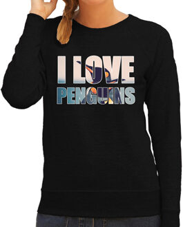 Bellatio Decorations Tekst sweater I love penguins met dieren foto van een pinguin zwart voor dames - cadeau trui pinguins liefhebber 2XL