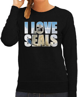 Bellatio Decorations Tekst sweater I love seals met dieren foto van een zeehond zwart voor dames - cadeau trui zeehonden liefhebber 2XL