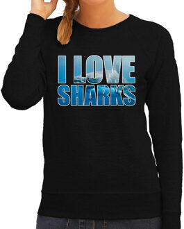 Bellatio Decorations Tekst sweater I love sharks met dieren foto van een haai zwart voor dames - cadeau trui haaien liefhebber 2XL