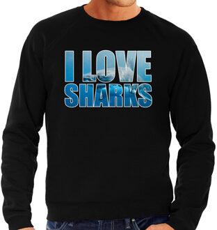 Bellatio Decorations Tekst sweater I love sharks met dieren foto van een haai zwart voor heren - cadeau trui haaien liefhebber 2XL