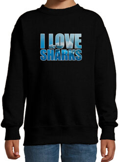 Bellatio Decorations Tekst sweater I love sharks met dieren foto van een haai zwart voor kinderen - cadeau trui haaien liefhebber - kinderkleding / kleding 12-13 jaar (152/164)