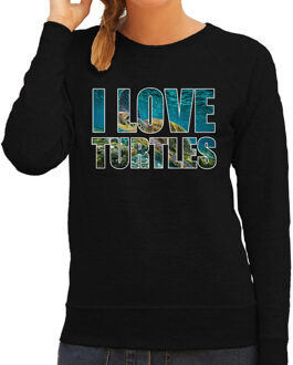 Bellatio Decorations Tekst sweater I love turtles met dieren foto van een schildpad zwart voor dames - cadeau trui zeeschildpadden liefhebber 2XL