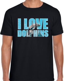 Bellatio Decorations Tekst t-shirt I love dolphins met dieren foto van een dolfijn zwart voor heren