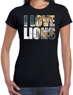 Bellatio Decorations Tekst t-shirt I love lions met dieren foto van een leeuw zwart voor dames