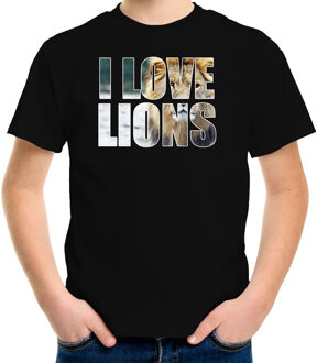 Bellatio Decorations Tekst t-shirt I love lions met dieren foto van een leeuw zwart voor kinderen