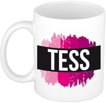 Bellatio Decorations Tess naam cadeau koffie mok - beker - met roze verfstrepen - Cadeau collega - moederdag