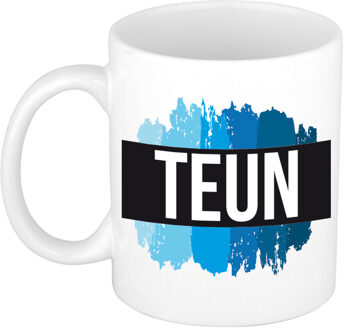 Bellatio Decorations Teun naam cadeau koffie mok - beker - met blauw verfstrepen - Cadeau collega - vaderdag