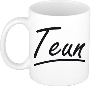 Bellatio Decorations Teun Naam koffiemok - beker - met sierlijke letters - wit - 300 ml - Cadeau - Heren