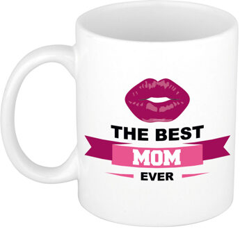 Bellatio Decorations The best mom ever cadeau mok / beker wit met wimpel en kus