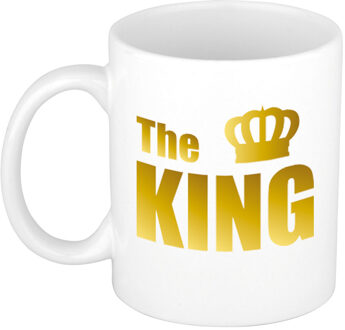 Bellatio Decorations The king cadeau mok / beker wit met gouden kroon en letters 300 ml - feest mokken