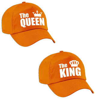 Bellatio Decorations The King / The Queen petten oranje met witte kroon volwassenen