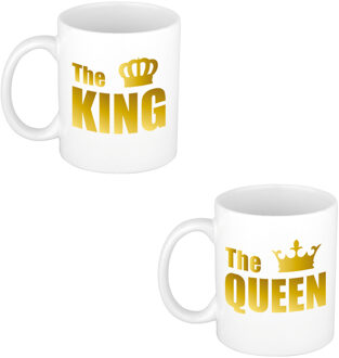 Bellatio Decorations The queen en the king cadeau mok / beker wit met gouden tekst en kroon 300 ml - feest mokken