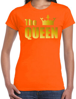 Bellatio Decorations The queen t-shirt oranje met gouden letters en kroon voor dames