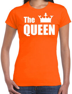 Bellatio Decorations The queen t-shirt oranje met witte tekst en kroon voor dames 2XL - Feestshirts