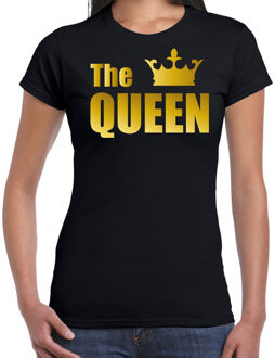 Bellatio Decorations The queen t-shirt zwart met gouden letters en kroon voor dames