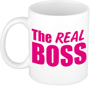 Bellatio Decorations The real boss cadeau mok / beker wit met roze letters 300 ml - feest mokken