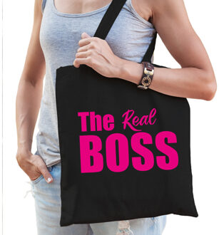 Bellatio Decorations The real boss tas / shopper zwart katoen met roze tekst voor dames - Feest Boodschappentassen