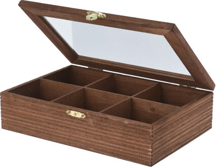 Bellatio Decorations Theedoos - 6-vaks - bruin - hout - 24 x 16 x 6 cm - theekist