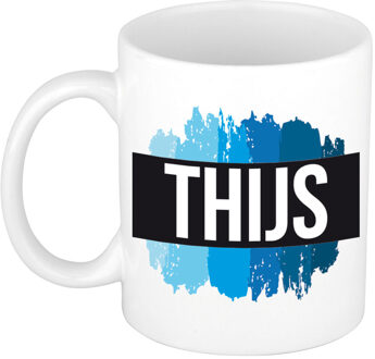 Bellatio Decorations Thijs naam cadeau koffie mok - beker - met blauw verfstrepen - Cadeau collega - vaderdag