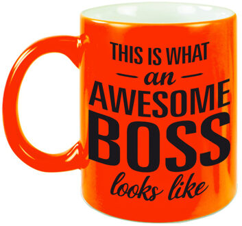 Bellatio Decorations This is what an awesome boss looks like - tekst cadeau koffiemok - De Baas beker - 300 ml - neon ora