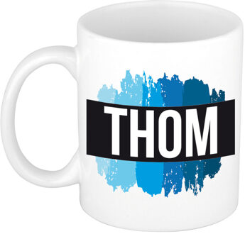 Bellatio Decorations Thom naam cadeau koffie mok - beker - met blauw verfstrepen - Cadeau collega - vaderdag