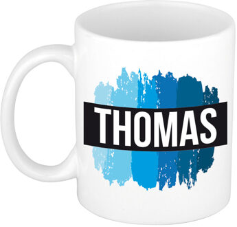 Bellatio Decorations Thomas naam cadeau koffie mok - beker - met blauw verfstrepen - Cadeau collega - vaderdag