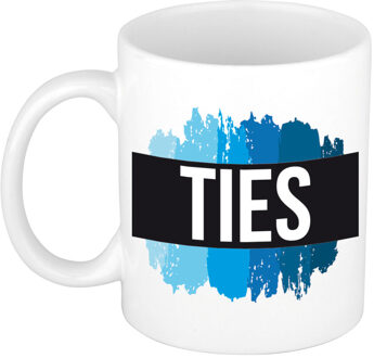 Bellatio Decorations Ties naam cadeau koffie mok - beker - met blauw verfstrepen - Cadeau collega - vaderdag