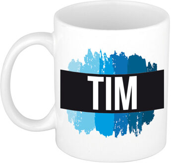 Bellatio Decorations Tim naam cadeau koffie mok - beker - met blauw verfstrepen - Cadeau collega - vaderdag