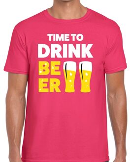 Bellatio Decorations Time to drink Beer - tekst t-shirt - roze - voor heren - Thema feest shirts - BIER Drinken