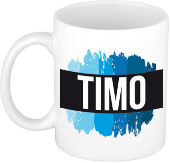 Bellatio Decorations Timo naam cadeau koffie mok - beker - met blauw verfstrepen - Cadeau collega - vaderdag