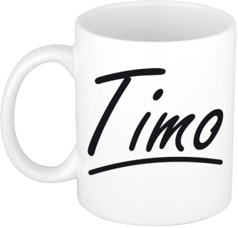 Bellatio Decorations Timo Naam koffiemok - beker - met sierlijke letters - wit - 300 ml - Cadeau - Heren