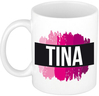 Bellatio Decorations Tina naam cadeau koffie mok - beker - met roze verfstrepen - Cadeau collega - moederdag