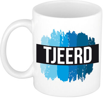 Bellatio Decorations Tjeerd naam cadeau koffie mok - beker - met blauw verfstrepen - Cadeau collega - vaderdag