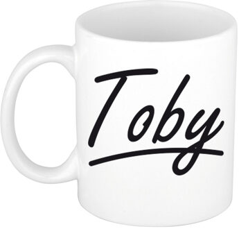 Bellatio Decorations Toby Naam koffiemok - beker - met sierlijke letters - wit - 300 ml - Cadeau - Heren