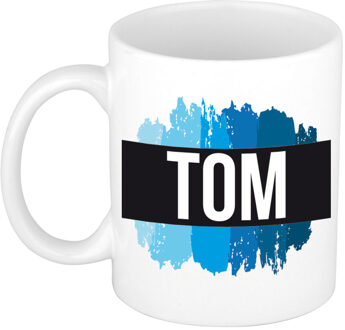 Bellatio Decorations Tom naam cadeau koffie mok - beker - met blauw verfstrepen - Cadeau collega - vaderdag